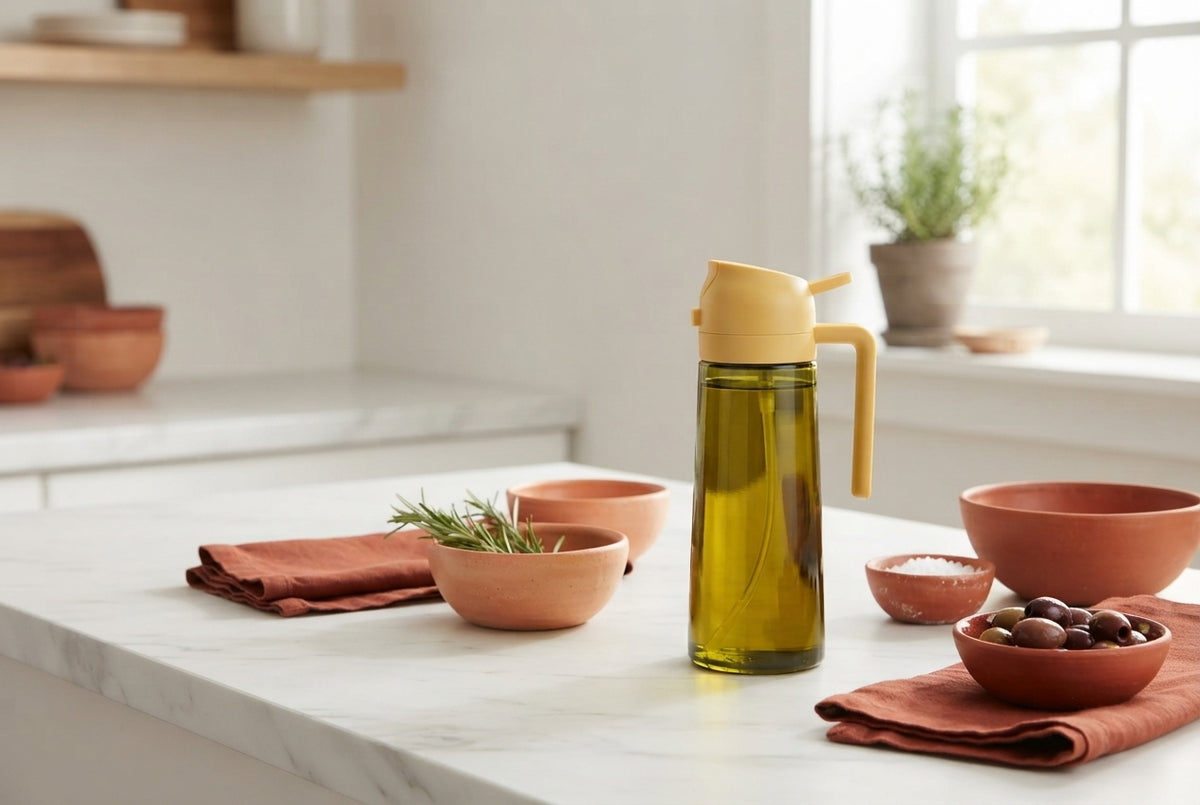 A modern dark glass oil spray and pour bottle on a white marble countertop with terracotta kitchen accessories.