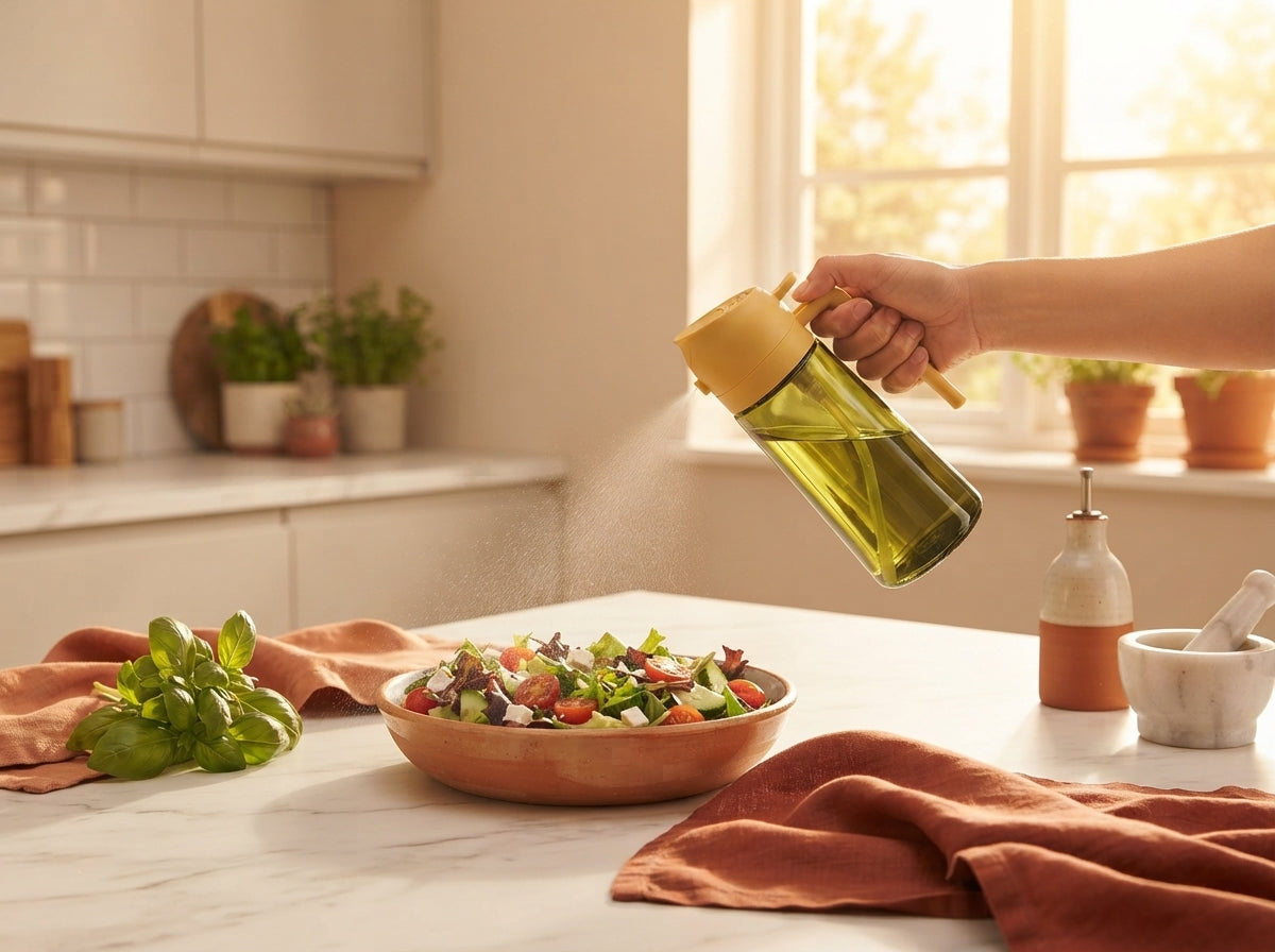 A dual-function glass oil spray bottle on a modern white kitchen counter with terracotta accents, shown misting oil over food